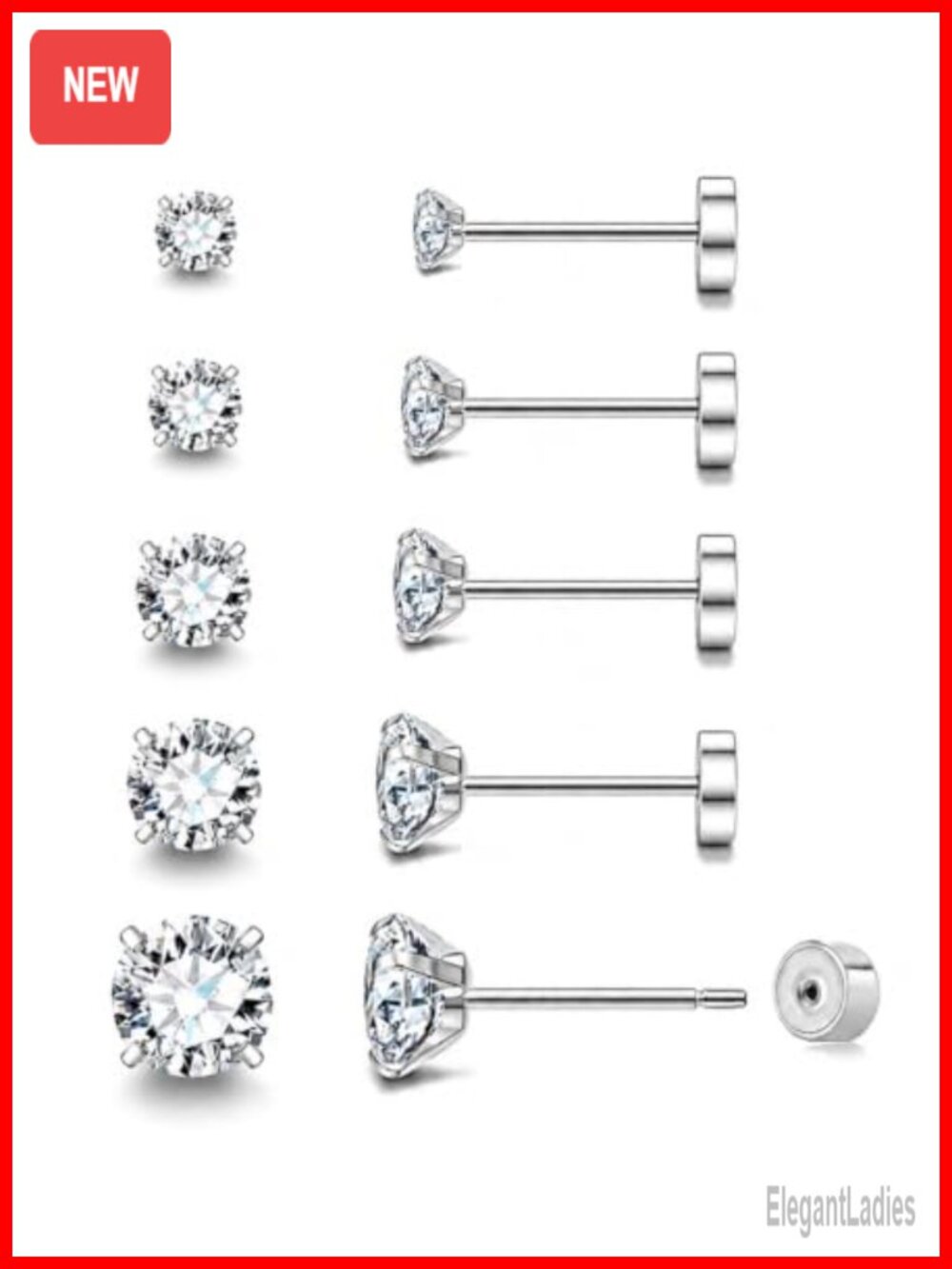 Threadless Flat Back Stud Earrings 20G Stainless Steel CZ Push In Set